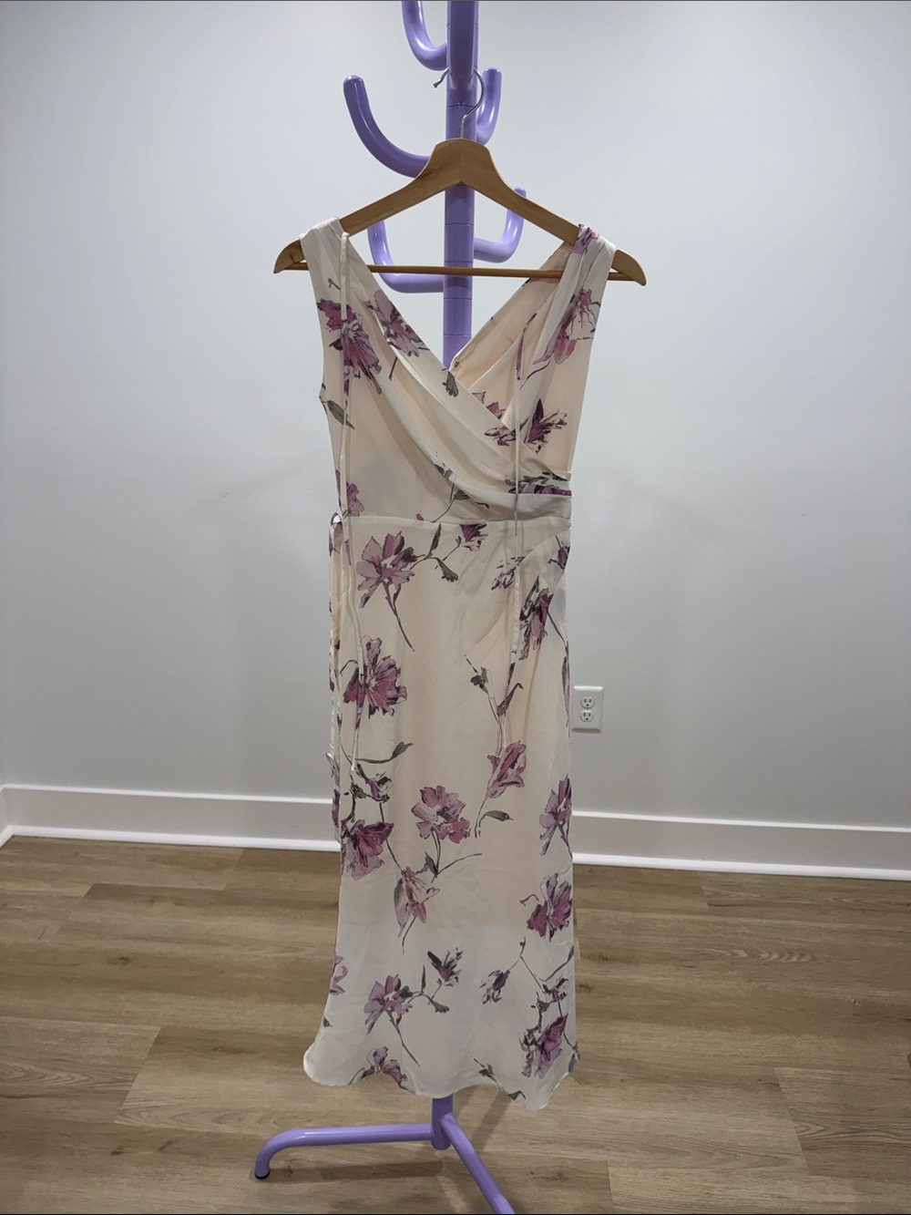 Floral Wrap Midi Dress in Cream and Dusty Pink
